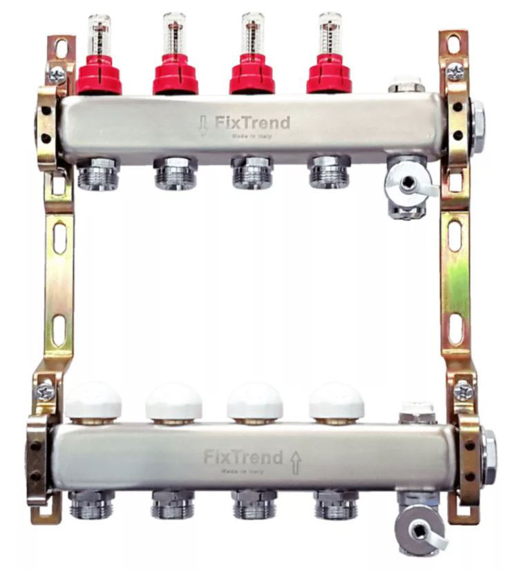 FixTrend szelepes osztó-gyűjtő, inox, 4 körös, áramlásmérővel, Eurokón., 1